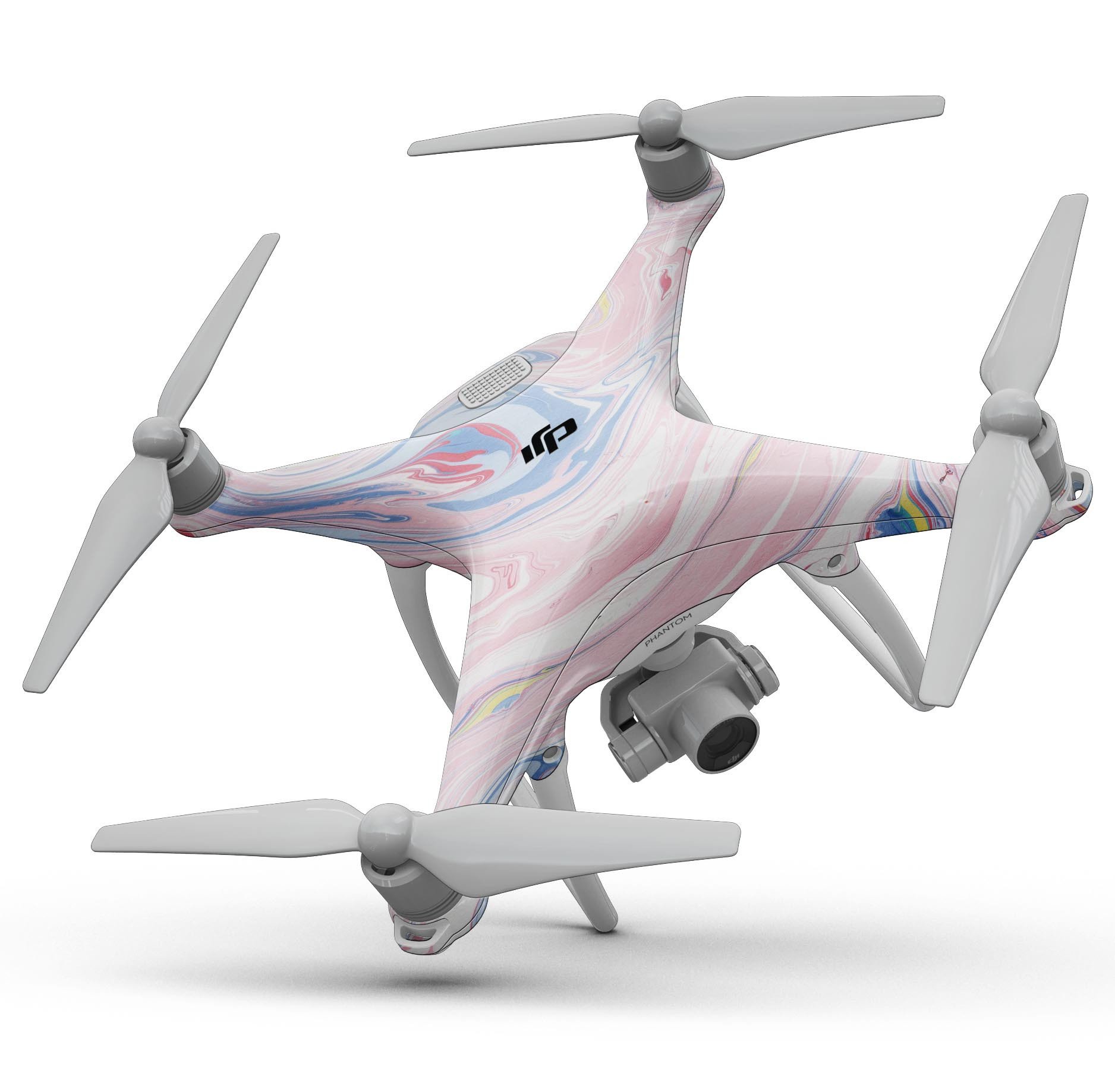 Marbleized Pink and Blue Swirl Full-Body Skin Kit for DJI Phantom 4 Drone, showcasing vibrant colors and unique design.